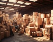 Boxes stacked in warehouse, cartonnage style art