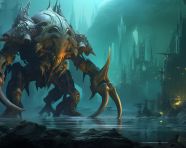 A creature shaped like an octopus wears golden gloves, carving styles art