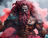 A realistic 3d model of a god statue with colorful smoke in the clouds, carving styles art