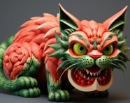 A cat made of watermelon with its jaws open, carving styles art