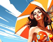 Modern artist paints lady with an umbrella in a sunny scene, collage style art