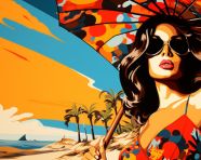 Stylish lady with umbrella in summer painting, collage style art