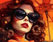 A woman with sunglasses and an umbrella in a vintage picture, collage style art