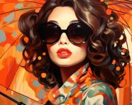 Vintage photo of woman with umbrella and sunglasses, collage style art