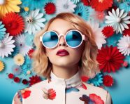 Woman wearing colorful sunglasses in front of floral pattern, collage style art
