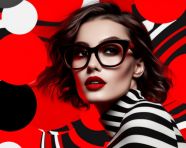 A woman with glasses with abstract background on a red, collage style art