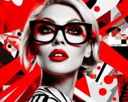 Woman in glasses with abstract red background, collage style art