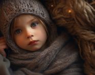 A baby is laying in blanket with a hat and knitted scarf, crocheted style art