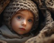 Baby in blanket with hat and scarf, crocheted style art