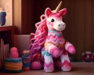 A unicorn toy is shown sitting beside a bookshelf, crocheted style art