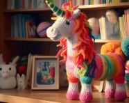 Unicorn plush toy reading book, crocheted style art