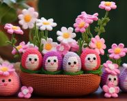 Crocheted easter flowers in a pink pot, crocheted style art
