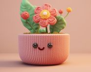 With a crochet flower in a pink pot, crocheted style art