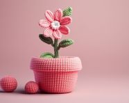 Crochet flower arrangement in pink pot, crocheted style art