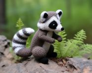 Crocheted raccoon in gray and gray, crocheted style art
