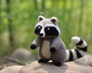 Standing crocheted raccoon in grays, crocheted style art