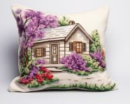 Countryside house and green flowers cross stitch pillow, cross stitching style art