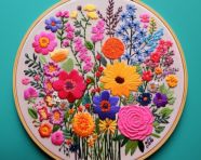 Colorful embroidery hoop with flowers, cross stitching style art