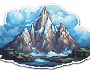 A sticker of a snowy mountain with clouds, decals style art