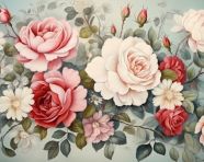 A painting shows a group of roses on antique paper, decoupage style art