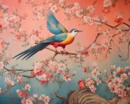 The wallpaper depicts a bird flying across a pink and orange floral pattern, decoupage style art