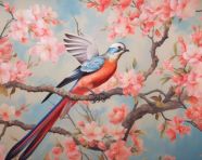 Bird flying across pink and orange floral pattern, decoupage style art