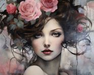 A painting with roses on the face of a woman, decoupage style art