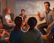 A teacher leading a discussion with students in a circle, education