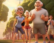 A group of people of all ages and fitness levels doing aerobics in a park, fitness