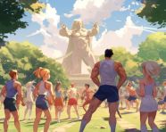 Fitness enthusiasts of all ages stretching together, fitness