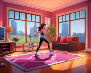 A woman doing a high-intensity interval training workout in her living room, fitness