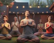 A group of friends doing yoga in a backyard