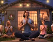 Friends doing yoga in backyard