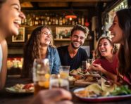 Young happy people have fun and eat lunch in the home dining room