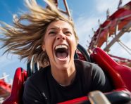 A person laughing as they ride a roller coaster
