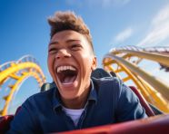 Youthful boy ecstatically cheering while riding a roller coaster at an amusement park