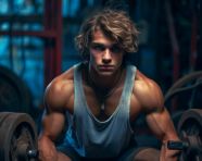 The young muscular man is holding weights on a background