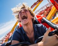 Person laughs hysterically on roller coaster ride