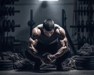 A man in black and white squatting in front of some weights