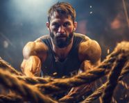 Cross fitness gym man training with rope tosses