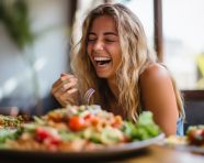 A person laughing as they eat their favorite food