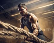 Man working out with ropes in cross fit gym