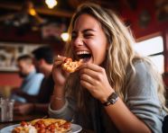 Laughing women eating pizza with delicious dish