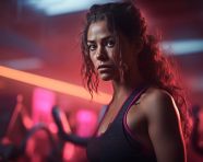 Female athlete working out in dimly lit room