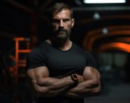 The bodybuilder is posing for a photo in a black