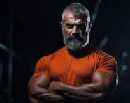 Muscular athlete flexes in black