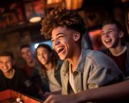 Cheering child playing board game