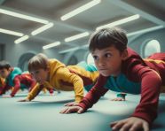 Children are doing push up routines in a gym