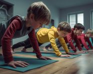 Youngsters training pushups in workout room