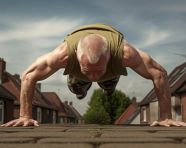 An athlete doing a pushup his arms are up